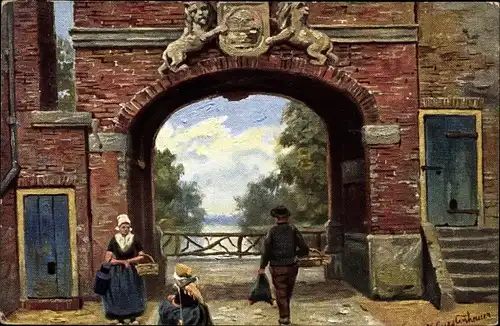 Künstler Ak Gerstenhauer, Johann Georg, Personen in Trachten vor einem Tor