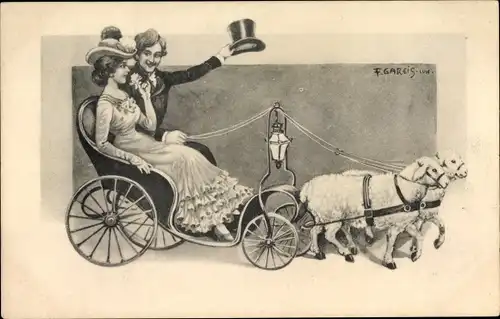 Künstler Ak Gareis, F., Zwei Schafe ziehen eine Kutsche, Paar