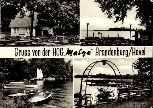 Ak Brandenburg an der Havel, HOG Malge, Restaurant, Motorboote, Flusspartie