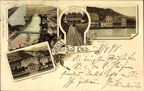 Litho Bad Ems im Rhein Lahn Kreis, Kursaal, Malbergbahn, Kurhaus, Emspartie mit Kriegerdenkmal