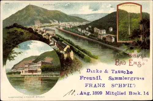 Litho Bad Ems im Rhein Lahn Kreis, Panorama von der Ortschaft, Malbergbahn, Kurhaus, Emspartie