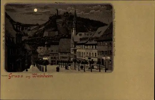 Mondschein Litho Weinheim an der Bergstraße Baden, Partie am Marktplatz