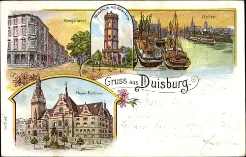 Litho Duisburg im Ruhrgebiet, Königstraße, Wasserturm, Hafen, Neues Rathaus