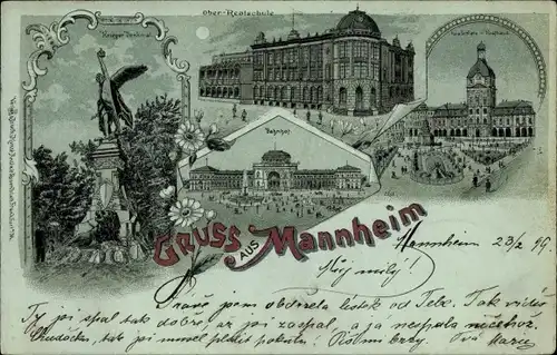 Mondschein Litho Mannheim in Baden Württemberg, Kriegerdenkmal, Oberrealschule, Paradeplatz