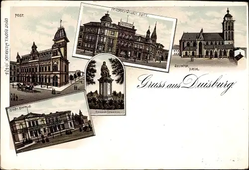 Litho Duisburg im Ruhrgebiet, Post, Friedrich Wilhelm Platz, Salvatorkirche, Städtische Tonhalle