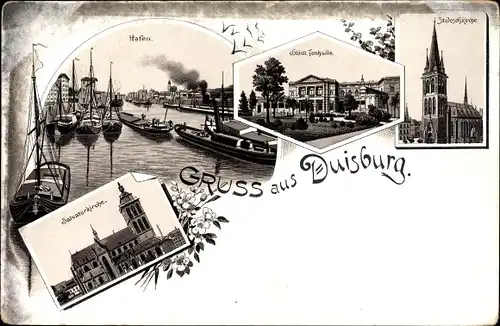 Litho Duisburg im Ruhrgebiet, Hafen, Städtische Tonhalle, St. Josefskirche, Salvatorkirche