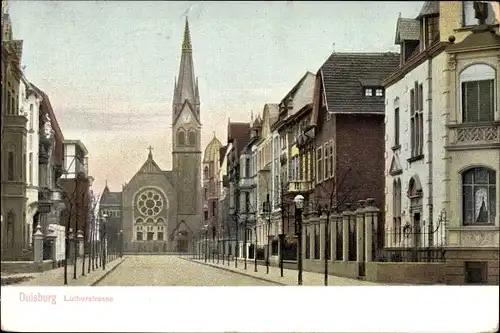 Ak Duisburg im Ruhrgebiet, Partie an der Lutherstraße mit Kirche