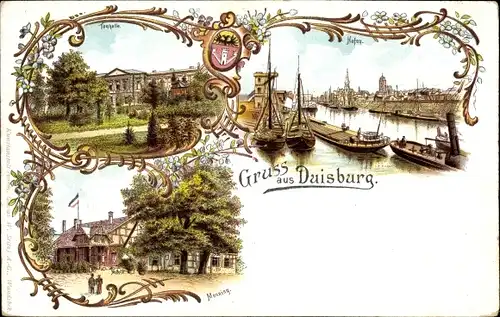 Litho Duisburg im Ruhrgebiet, Städtische Tonhalle, Monning, Hafen