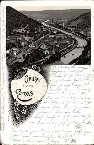 Litho Bad Ems im Rhein Lahn Kreis, Blick auf Stadt und Umgebung