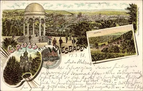 Litho Wiesbaden in Hessen, Blick auf Stadt vom Neroberg, Nerotal