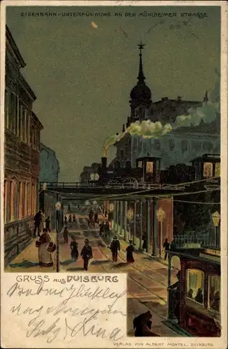 Litho Duisburg im Ruhrgebiet, Straßenpartie bei Nacht, vorbeifahrende Eisenbahn