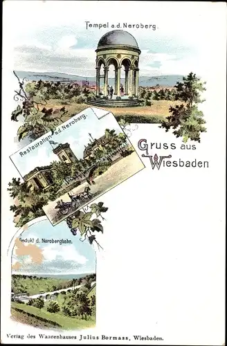 Litho Wiesbaden in Hessen, Tempel auf dem Neroberg, Restauration, Nerobergbahn