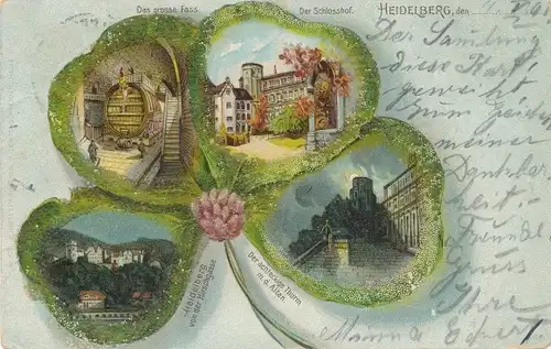 Glitzer Kleeblatt Litho Heidelberg am Neckar, Das große Fass, Schlosshof, Achteckiger Turm mit Altan
