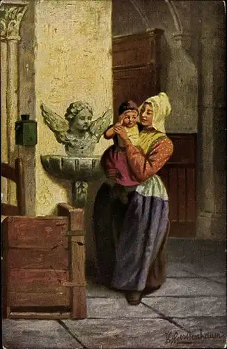 Künstler Ak Gerstenhauer, Johann Georg, Mutter mit Kind in einer Kirche, Weihwasserbecken