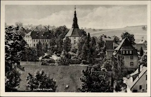 Ak Seiffen im Erzgebirge, Teilansicht der Ortschaft mit runder Kirche