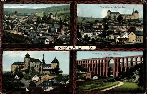 Passepartout Ak Mylau Reichenbach im Vogtland, Totale, Kaiserschloss und Post, Göltzschtalbrücke