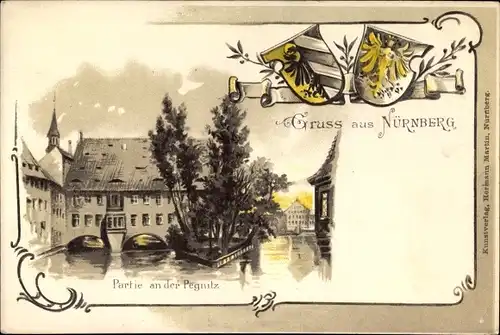 Wappen Präge Litho Nürnberg in Mittelfranken Bayern, Partie an der Pegnitz