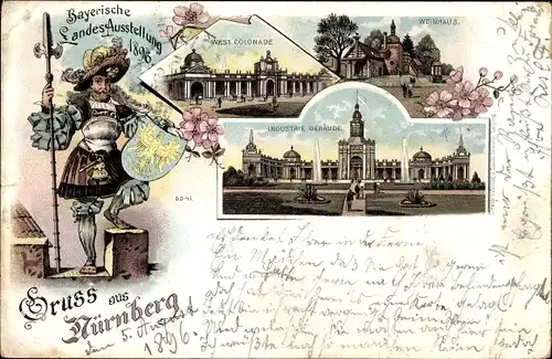 Litho Nürnberg in Mittelfranken Bayern, Landesausstellung 1896, Industriegebäude, Stadtwächter