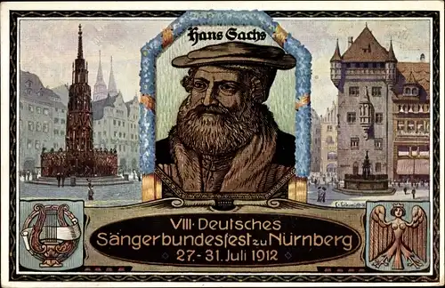 Passepartout Ak Nürnberg in Mittelfranken Bayern, 8. Deutsches Sängerbundesfest 1912, Hans Sachs