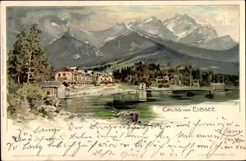 Künstler Litho Deuchert, H., Grainau im Kreis Garmisch Partenkirchen, Blick vom Eibsee auf den Ort