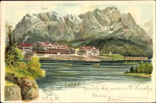 Litho Grainau im Kreis Garmisch Partenkirchen, Blick über den Eibsee auf das Hotel