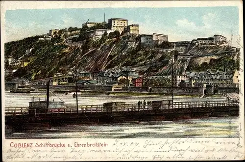 Litho Koblenz in Rheinland Pfalz, Blick auf die Schiffbrücke und den Ehrenbreitstein