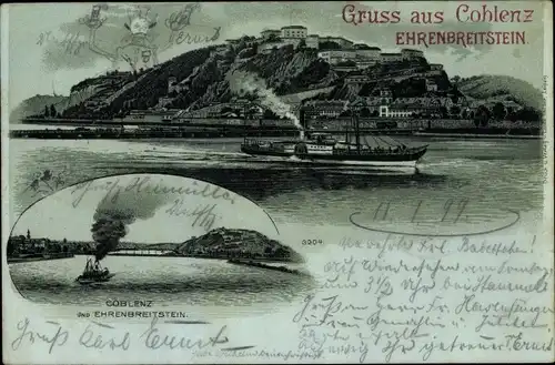 Mondschein Litho Koblenz in Rheinland Pfalz, Festung Ehrenbreitstein, Blick auf einen Salondampfer