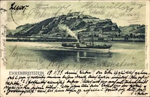 Litho Koblenz in Rheinland Pfalz, Blick über den Rhein auf Festung Ehrenbreitstein, Salondampfer