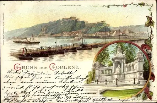Litho Koblenz in Rheinland Pfalz, Blick über die Schiffbrücke auf Festung Ehrenbreitstein, Denkmal