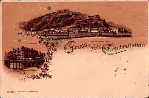 Mondschein Litho Koblenz in Rheinland Pfalz, Blick auf Festung Ehrenbreitstein und Karthaus