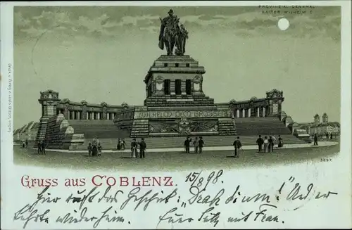 Mondschein Litho Koblenz in Rheinland Pfalz, Ansicht vom Provinzial Denkmal Kaiser Wilhelm I.