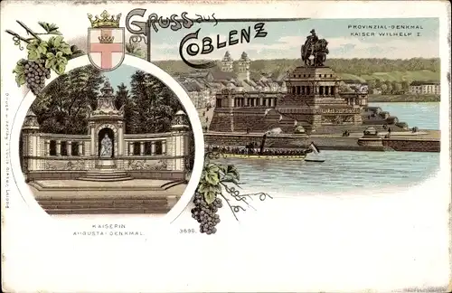 Litho Koblenz in Rheinland Pfalz, Provinzial Denkmal Kaiser Wilhelm I., Kaiserin Augusta Denkmal