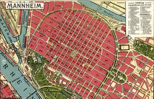 Landkarten Ak Mannheim in Baden Württemberg, Sehenswürdigkeiten der Stadt an Rhein und Neckar