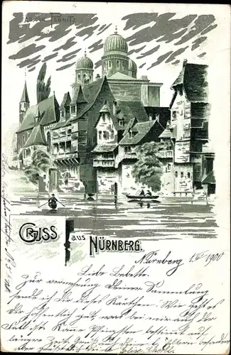 Silber Litho Nürnberg in Mittelfranken Bayern, Pegnitz, Insel Schütt, Synagoge