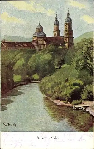 Künstler Ak Rath, R. Kempten im Allgäu Schwaben, Blick auf die St. Lorenz Kirche, Wasserseite