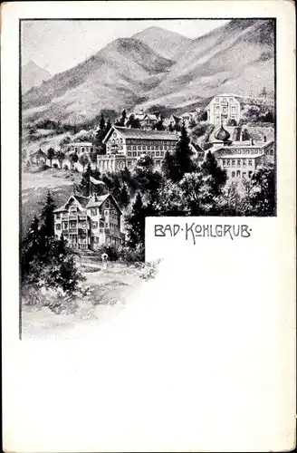Ak Bad Kohlgrub im Kreis Garmisch Partenkirchen, Blick auf den Ort und die Berge