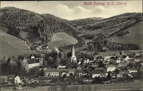 Ak Aspang Markt in Niederösterreich, Talblick auf den Ort und die Umgebung, Kirche