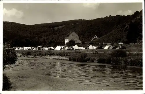 Foto Ak Bad Ems im Rhein Lahn Kreis, Flusspartie, Winzerhaus Schneiders, Campingplatz