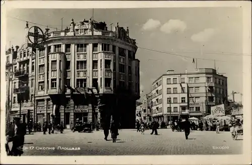 Ak Skopje Mazedonien, Straßenpartie in der Stadt, Bayer Werbeschild