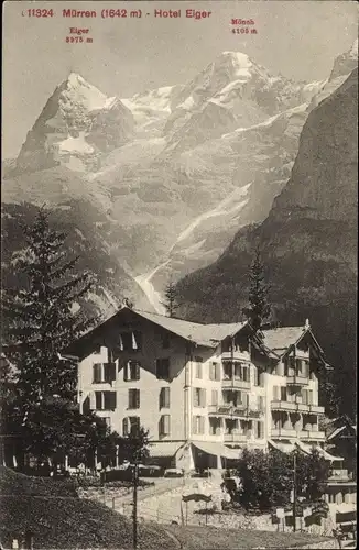 Ak Mürren Kt. Bern Schweiz, Hotel Eiger, Mönch, Panorama vom Ort