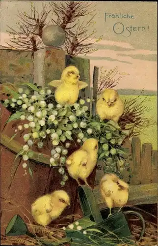 Präge Litho Glückwunsch Ostern, Fünf Küken, Fass, Gießkanne