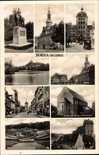 Ak Borna im Kreis Leipzig, Stadtansichten, Markt, Ehrenhain, Kirche, Reichstor