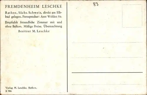 Ak Kurort Rathen im Elbsandsteingebirge, Fremdenheim von M. Leschke