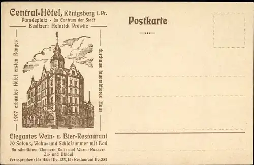 Ak Kaliningrad Königsberg Ostpreußen, Central Hotel, Paradeplatz, Bes. Heinrich Prawitz