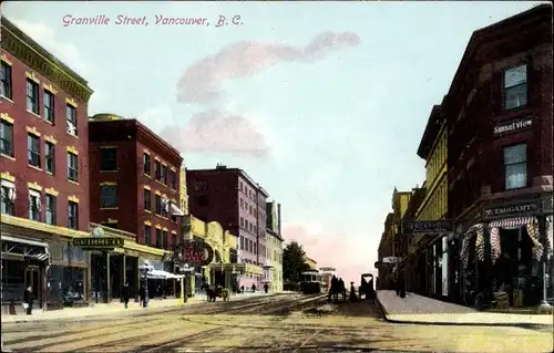 Ak Vancouver British Columbia Kanada, Granville Street, Sunset View, Geschäfte