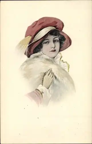 Künstler Ak Schilbach, Otto, Portrait einer jungen Frau, Roter Damenhut