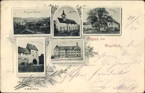 Passepartout Ak Engelthal in Bayern, Ortsblick, Kirche, Linde, Torgruppe, Sanatorium