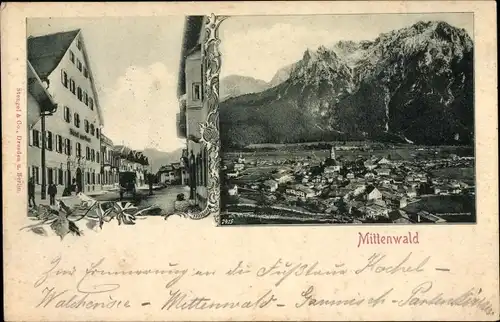 Passepartout Ak Mittenwald im Kreis Garmisch Partenkirchen, Hotel zur Post, Ort mit Umgebung