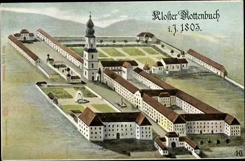 Künstler Ak Rottenbuch Oberbayern, Blick auf das Kloster aus der Vogelschau i. J. 1803