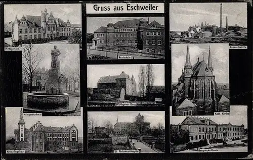 Passepartout Ak Eschweiler in Nordrhein Westfalen, Amtsgericht, Realschule, Kriegerdenkmal, Kirche